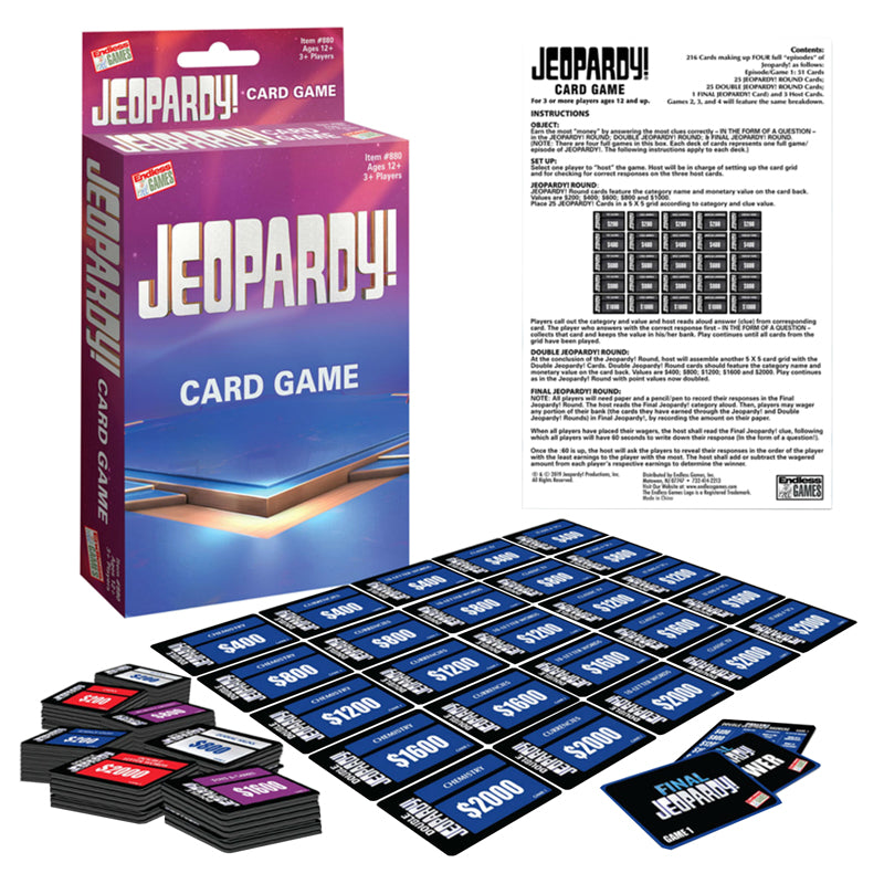Jeopardy! card game packaging with cards and instructions on a white background