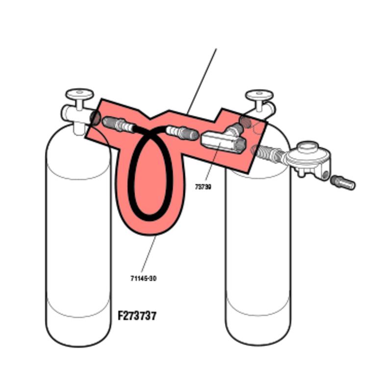Placement iagram of the Mr Heater 2 Tank Hook Up Kit F273737 with a red 'T' shape indicating a fitting.