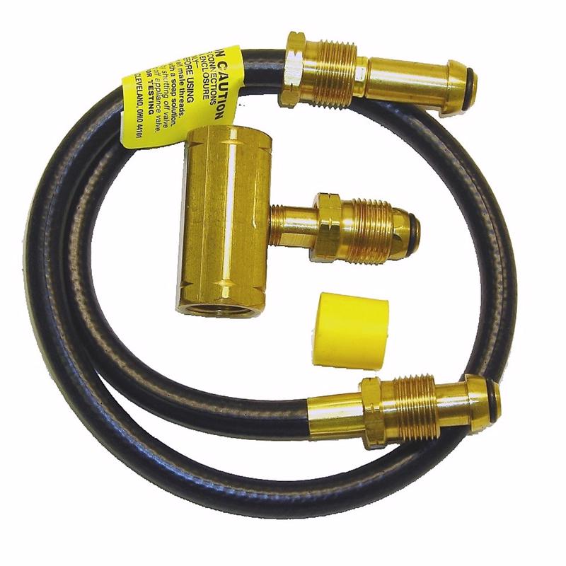 Gas connector with hoses and brass fittings on a white background