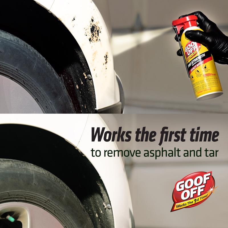 Goof Off product being used to remove asphalt and tar from a car tire.