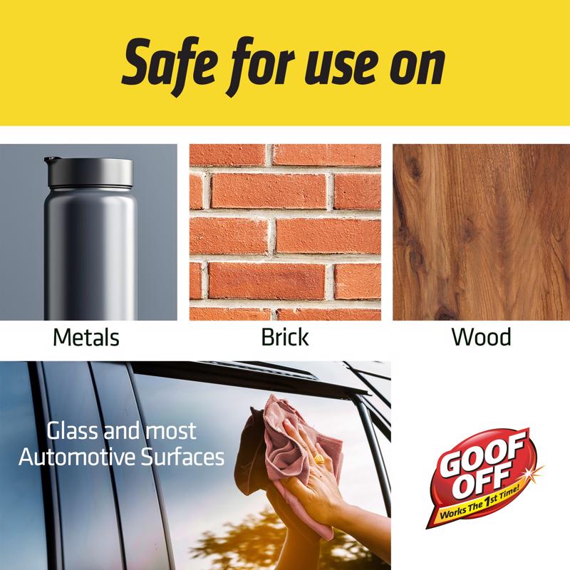 GOOF OFF product safety information on various surfaces with a yellow background.