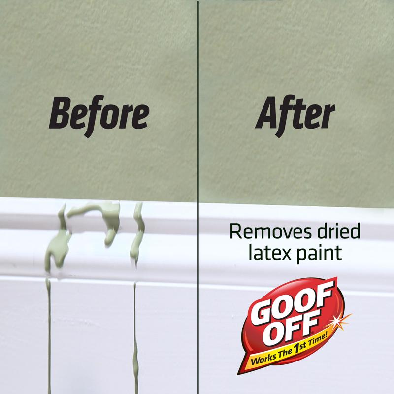 Before and after comparison of GOOF OFF paint remover on a wall corner.