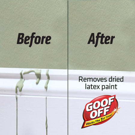 Before and after comparison of GOOF OFF paint remover on a wall corner.