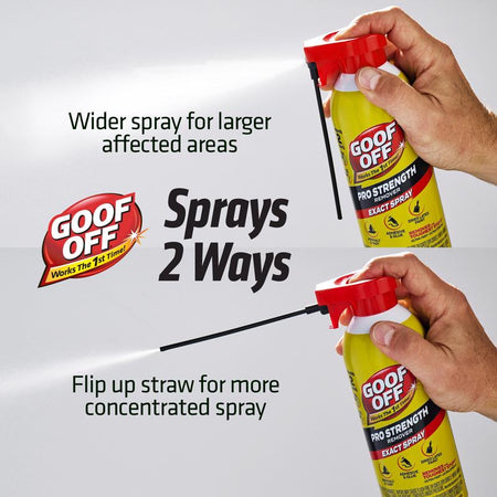 Goof Off spray bottle with text on a gray background