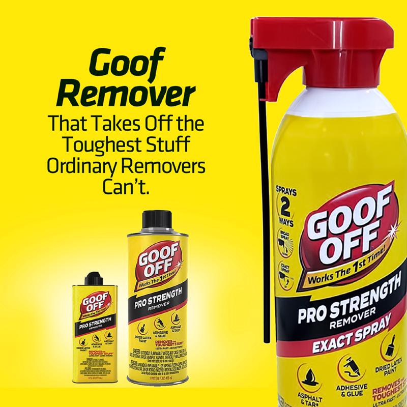 Goof Off Pro Strength Remover spray bottle and smaller bottles on a yellow background