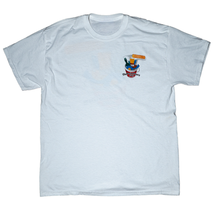 White t-shirt with ThePaintStore.com logo on the chest against a white background