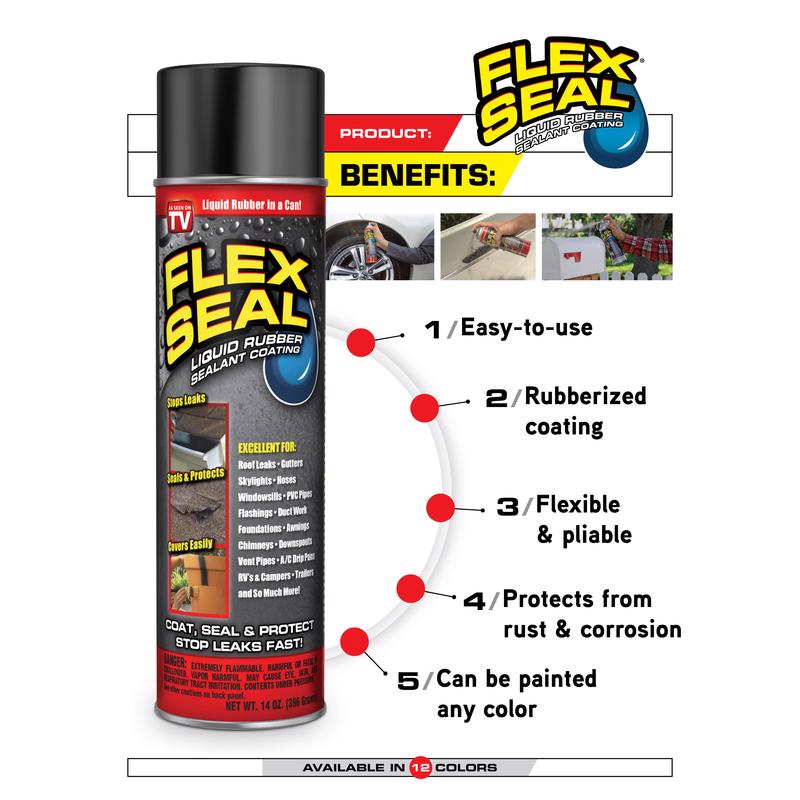 Flex Seal spray can with benefits listed on a white background
