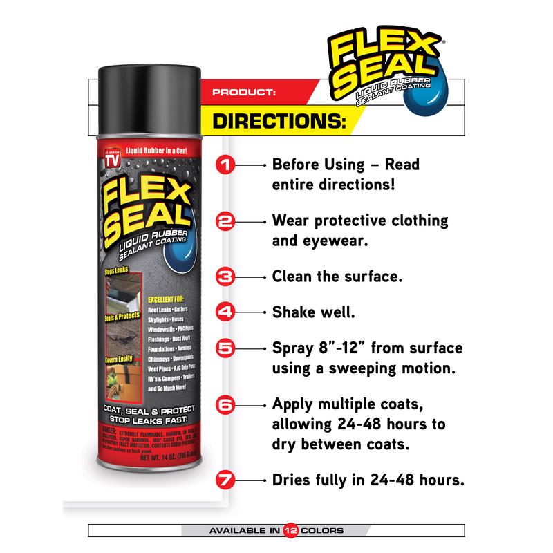 Flex Seal spray can with usage instructions on a white background