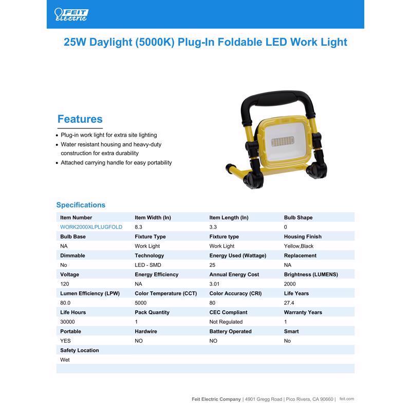 Feit Electric WORK2000XLPLUGFOLD Portable LED Work Light Specifications