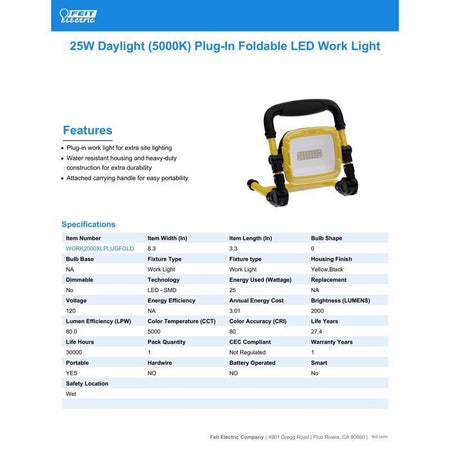 Feit Electric WORK2000XLPLUGFOLD Portable LED Work Light Specifications