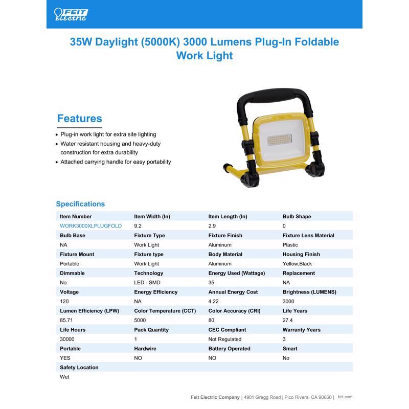 Feit Electric WORK3000XLPLUGFOLD Portable Work Light Specifications