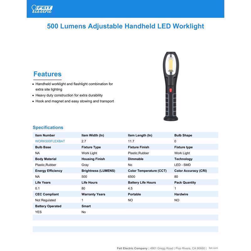 Feit Electric WORK500FLEXBAT Battery Handheld Work Light Specifications