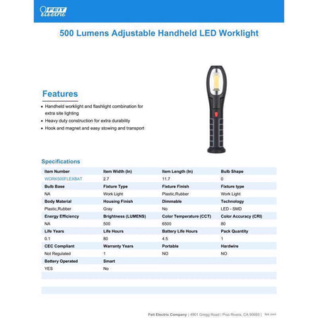 Feit Electric WORK500FLEXBAT Battery Handheld Work Light Specifications