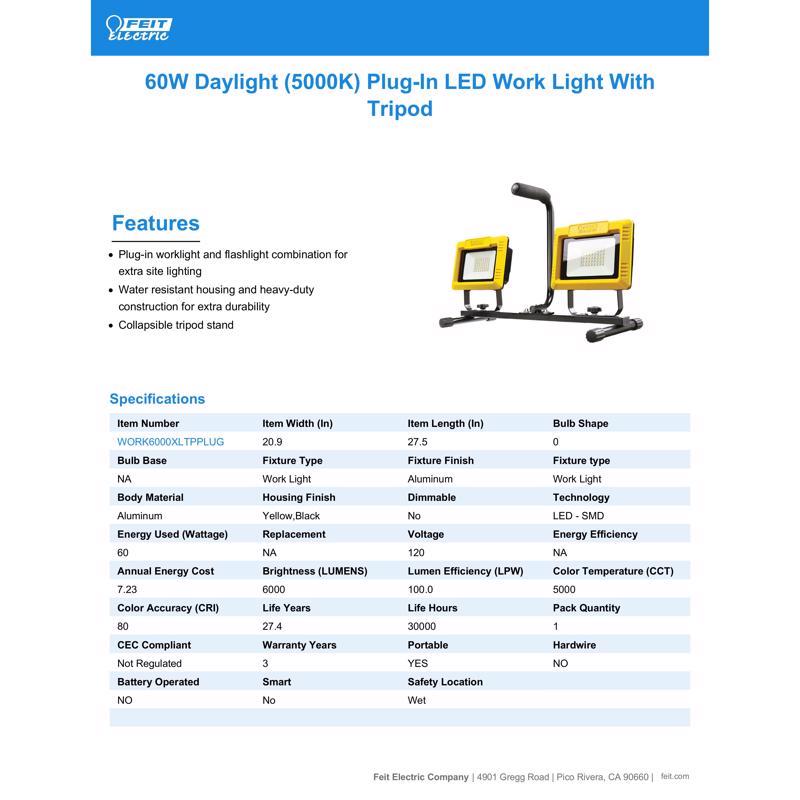 Feit Electric WORK6000XLTPPLUG Dual Head LED Tripod Worklight Specifications
