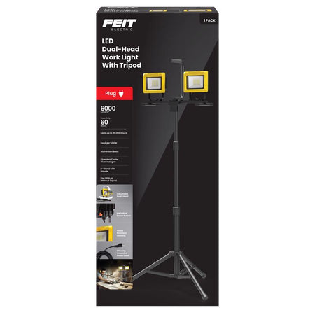 Feit Electric WORK6000XLTPPLUG Dual Head LED Tripod Worklight inside packaging.