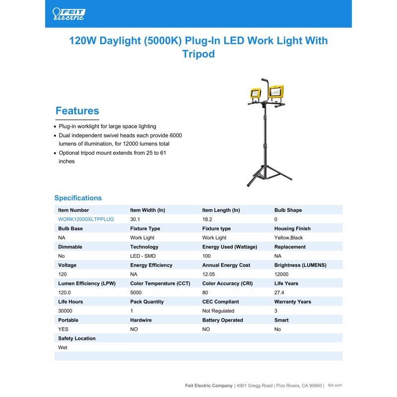 Feit Pro Series 12000 lm LED Corded Tripod Work Light Product Features