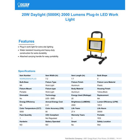 Feit Electric WORK2000XPLUG ProSeries Portable LED Work Light Specifications