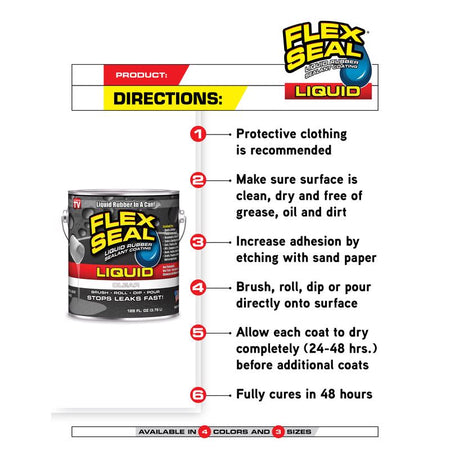 FLEX SEAL Liquid Rubber Sealant Coating Product Directions Infographic
