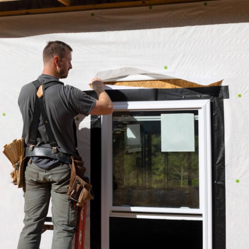 Person installing a window in a building under construction using frog tape pro flashing tape