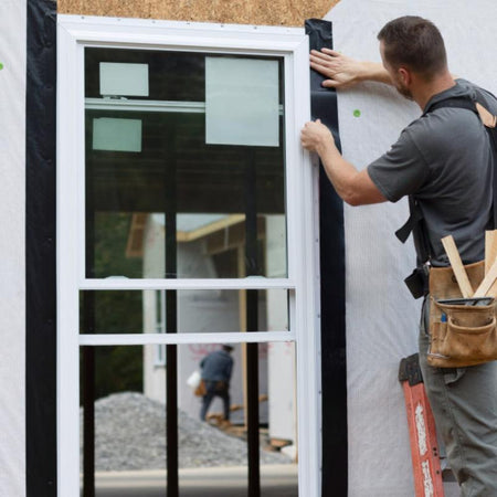 Person installing a window frame on a building exterior using frog tape pro flashing tape.