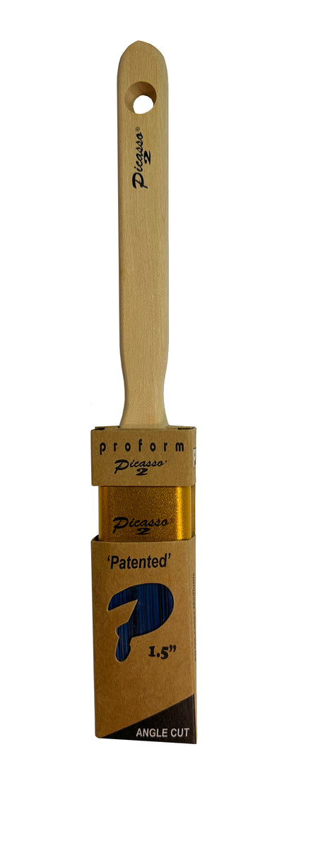 Proform Generation 2 Picasso Contractor Angled 1-1/2 Inch paint brush with wooden handle and cardboard packaging on a white background