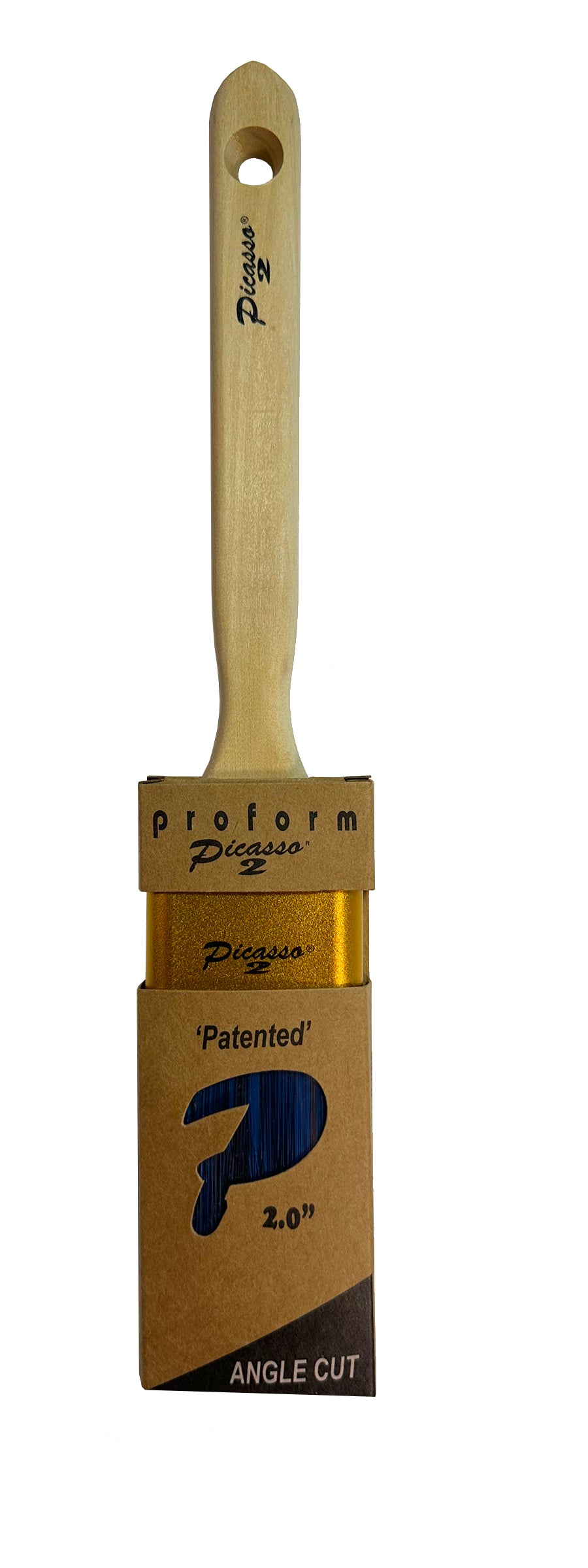 Proform Generation 2 Picasso Contractor Angled 2 Inch paint brush with wooden handle and cardboard packaging on a white background