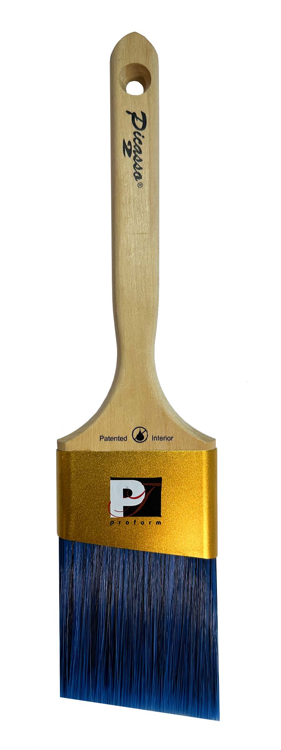 Proform Generation 2 Picasso Contractor Angled 2-1/2 inch paint brush with blue bristles and a wooden handle on a white background