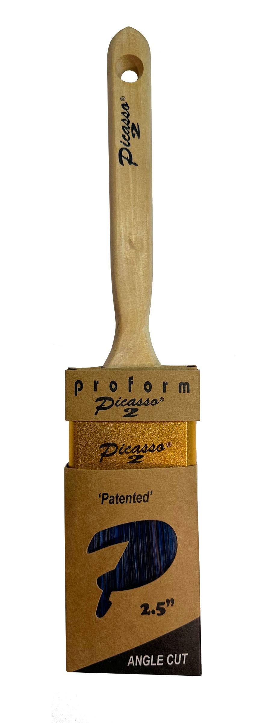 Proform Generation 2 Picasso Contractor 2-1/2 inch paint brush with wooden handle and cardboard packaging labeled 'Proform Picasso' on a white background.