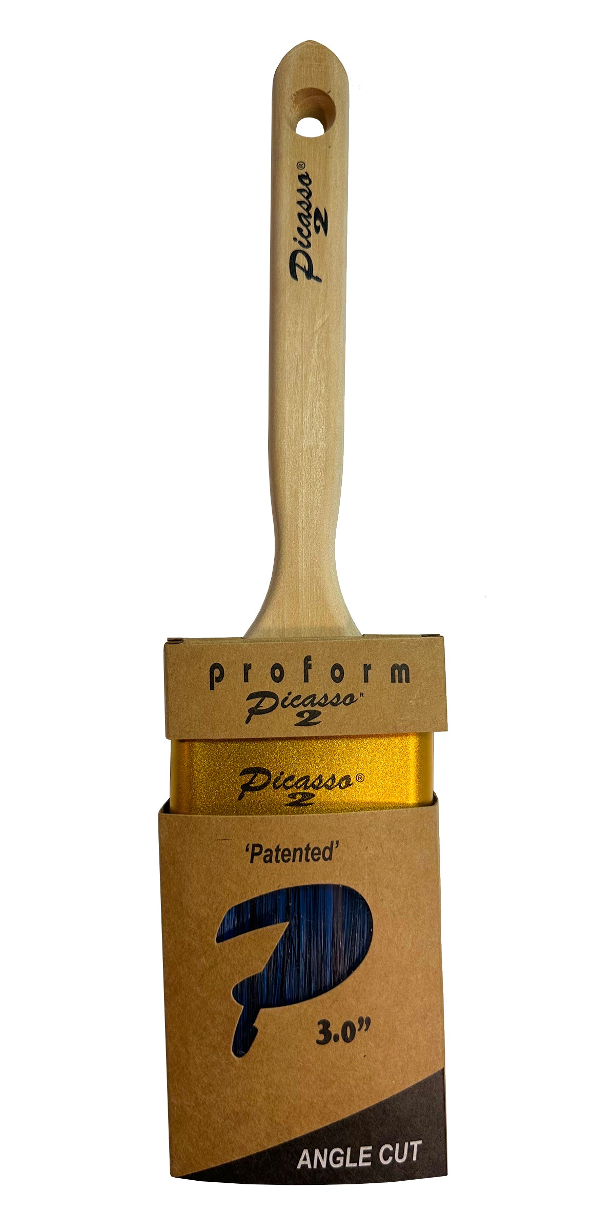 Proform Generation 2 Picasso Contractor Angled 3 inch paint brush with wooden handle and cardboard packaging on a white background