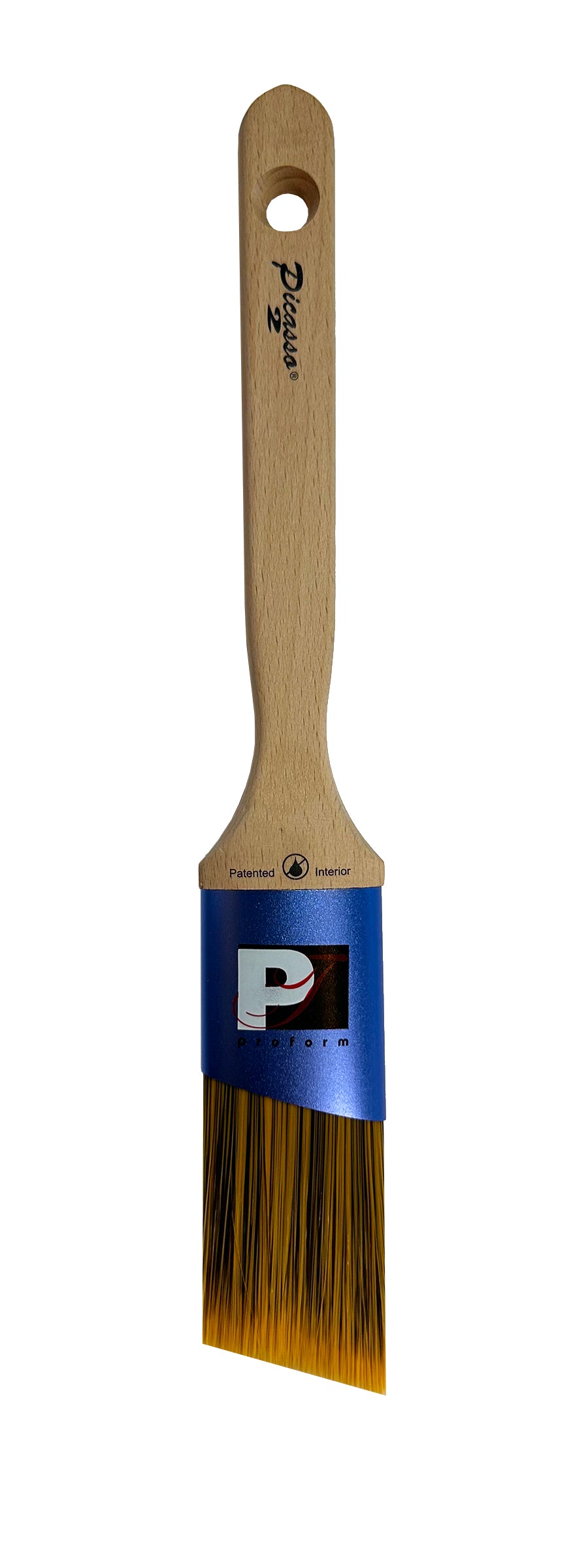 Proform Generation 2 Picasso Angled 1.5 inch paint brush with wooden handle and blue label on a white background