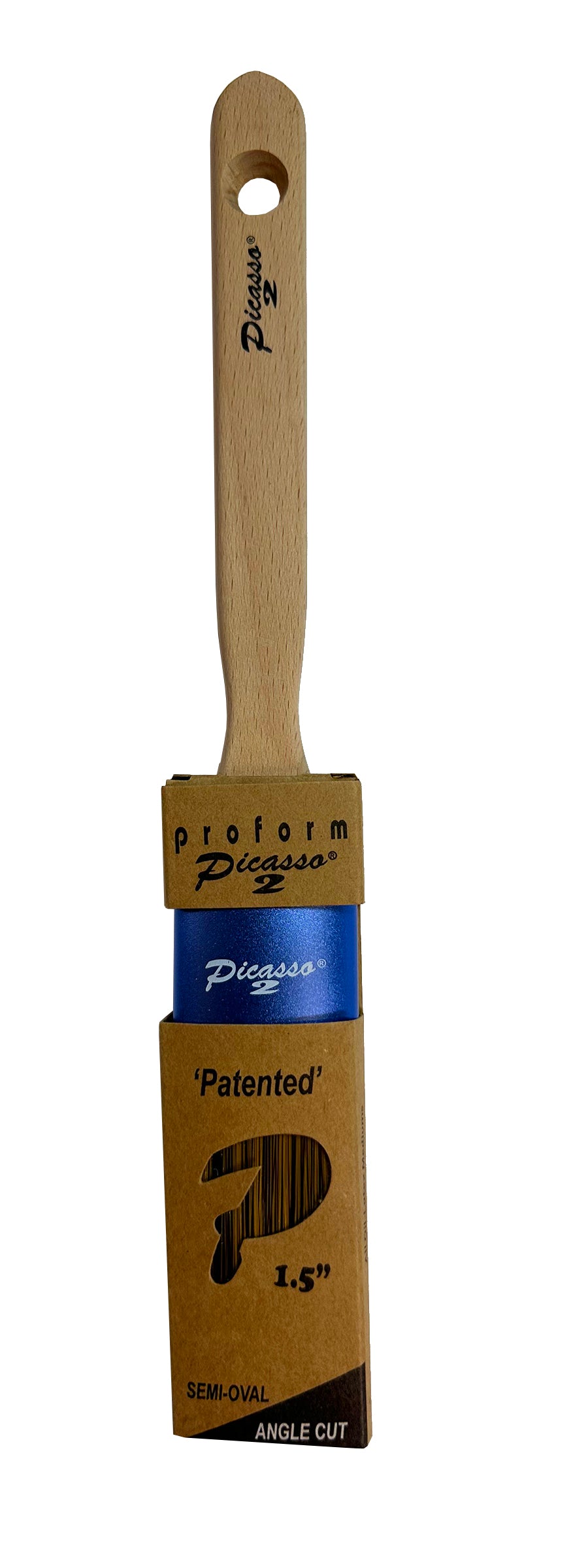 Proform Generation 2 Picasso Angled 1.5 inch paint brush with wooden handle and brown packaging featuring a blue label on a white background