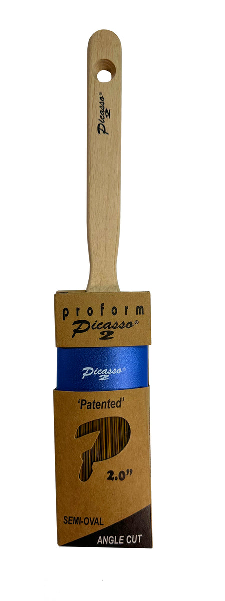 Proform Generation 2 Picasso Angled 2 Inch paint brush with wooden handle and packaging on a white background