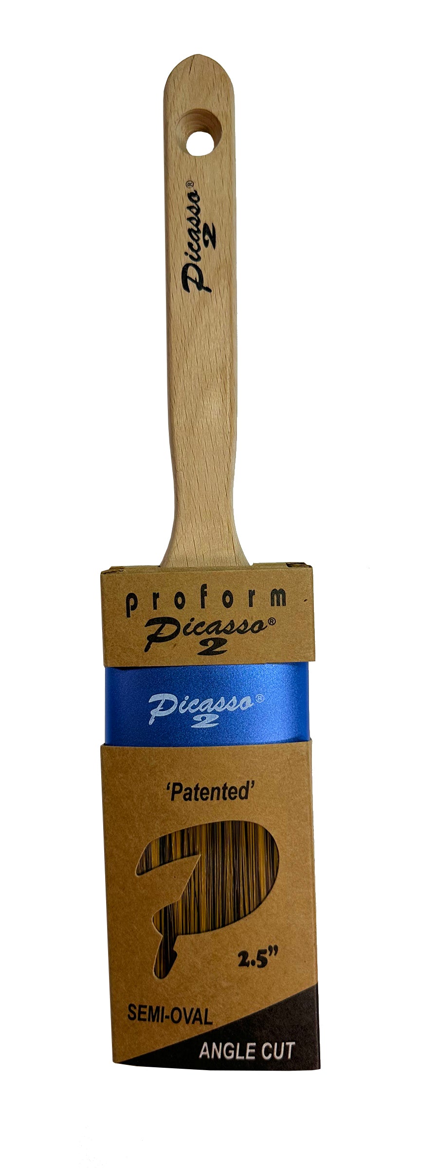 Proform Generation 2 Picasso Angled 2.5 inch paint brush with wooden handle and cardboard packaging displaying 'Proform Picasso' branding.