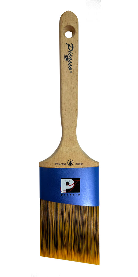 Proform Generation 2 Picasso Angled 3 Inch paint brush with wooden handle and blue band featuring a logo on a white background