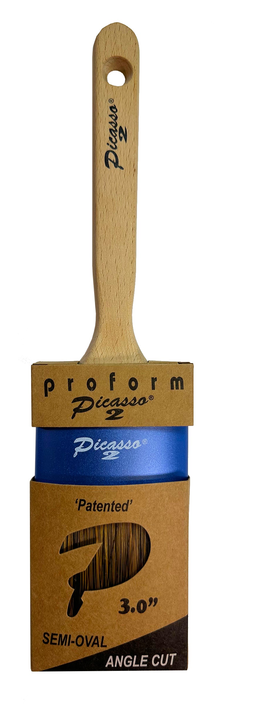 Proform Generation 2 Picasso Angled 3 Inch paint brush with wooden handle and cardboard packaging displaying 'Proform Picasso' branding.