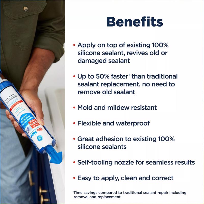 GE Re-New White Silicone Kitchen and Bath Caulk Sealant Benefits Infographic