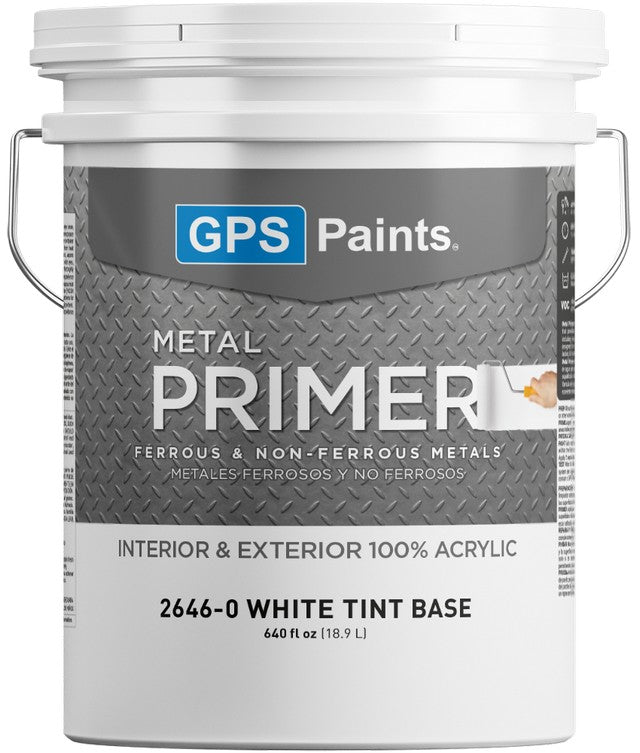 5 Gallon Paint can labeled 'GPS Paints Metal Primer' on a white background