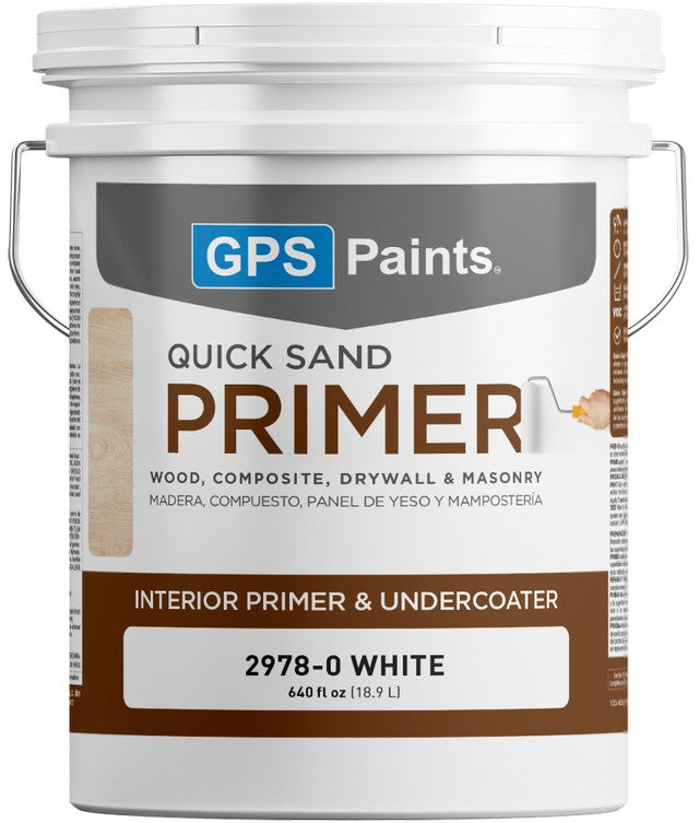 White 5 gallon paint bucket labeled 'GPS Paints Quick Sand Primer' on a white background