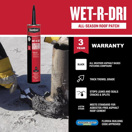 Wet-R-Dri roof patch with application on a roof and product details on a red and black background.