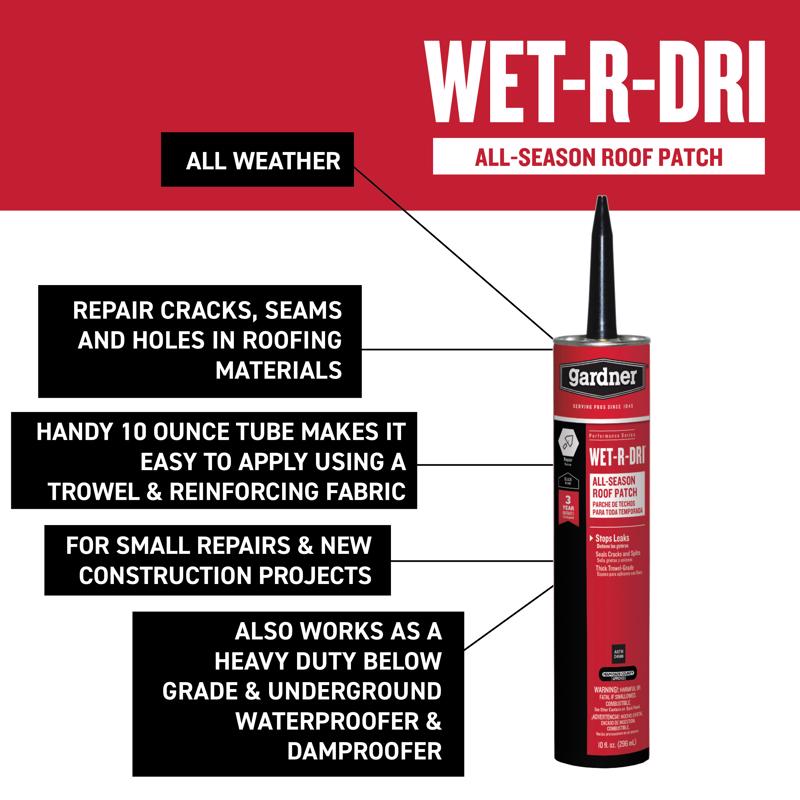 Wet-R-Dri all-season roof patch with product highlights on a red and white background
