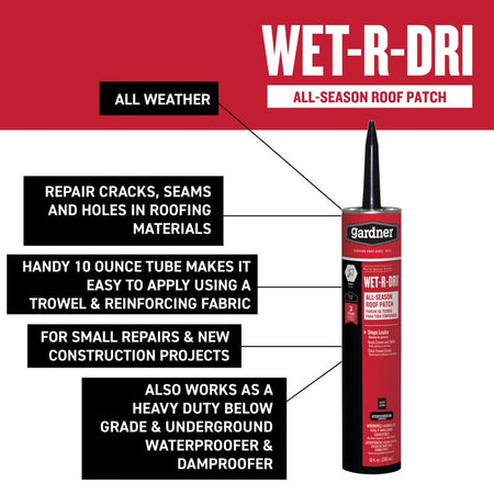 Wet-R-Dri all-season roof patch with product highlights on a red and white background