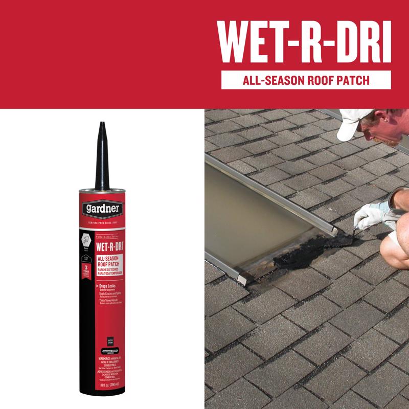 Wet-R-Dri all-season roof patch with a can and a person applying it to a roof.