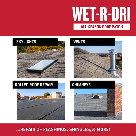 Advertisement for Wet-R-Dri all-season roof patch with examples of repair on skylights, vents, rolled roof repair, and chimneys.