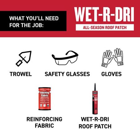 List of items needed for using Wet-R-Dri all-season roof patch with icons and text.