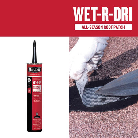 Wet-R-Dri all-season roof patch with a can and application on a roof.