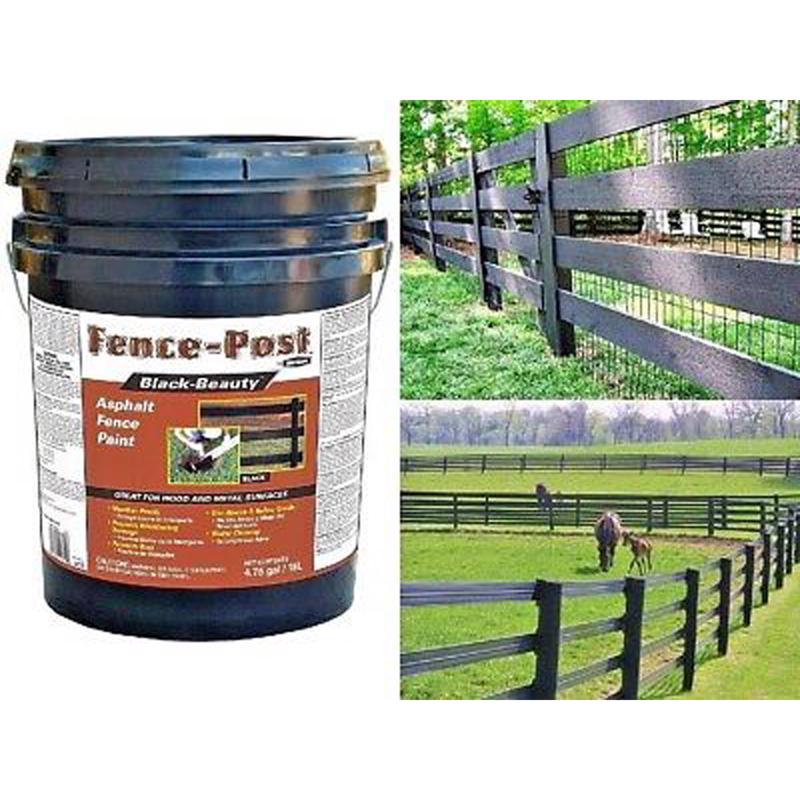 Bucket of Fence Post Black Beauty asphalt fence paint with images of a fence and horses in a field.
