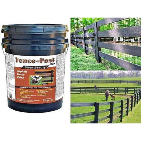 Bucket of Fence Post Black Beauty asphalt fence paint with images of a fence and horses in a field.