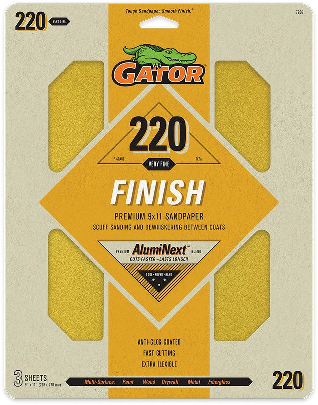 Gator 7266 Premium AlumiNext Sandpaper Sheets 3-Pack 220-Grit