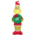 Inflatable Grinch holding a wreath with text on a white background