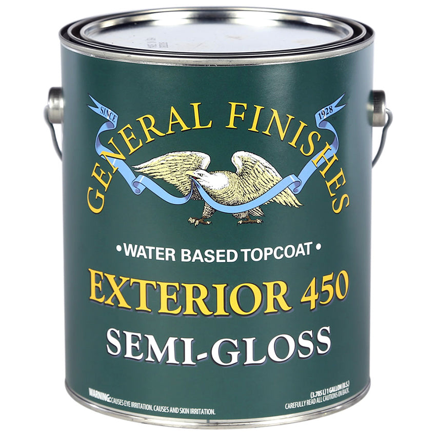 General Finishes Exterior 450 semi-gloss gallon paint can on a white background